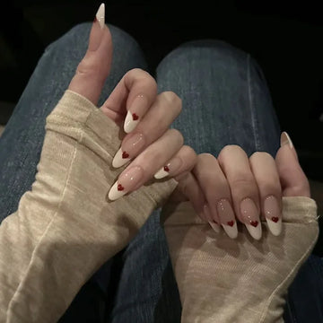 Qfdian 10Pcs Handmade Sweet French White Edge Press on Nails Cute Red Heart Decoration Wearable False Reusable Manicure Nails